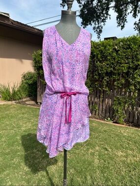 Sundance Sleeveless V-Neck Pink Print Summer Dress with Tie Waist